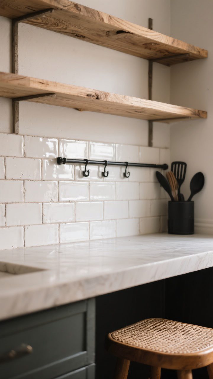 Tight detail shot focused on layered textures: a section of handmade-look zellige subway tile backsplash with slight variation and sheen, adjacent to raw white oak open shelving with visible grain (sealed), woven bar stool seat edge in the foreground, and a matte black utensil rail; soft side lighting to highlight texture contrast between glossy tile, rough wood, and woven fiber.
