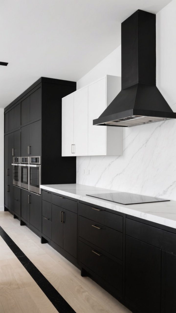 Wide architectural shot: Bold block zoning—an entire wall of full-height black pantry cabinets aligned with matching toe kicks, opposite run of white base and uppers; single continuous countertop material unifying both zones; statement hood in either black steel or plaster white echoing the dominant color; panel-ready appliances maintaining uninterrupted blocks; anchored by a black-and-cream runner; clean lines, even daylight, and a balanced straight-on composition.