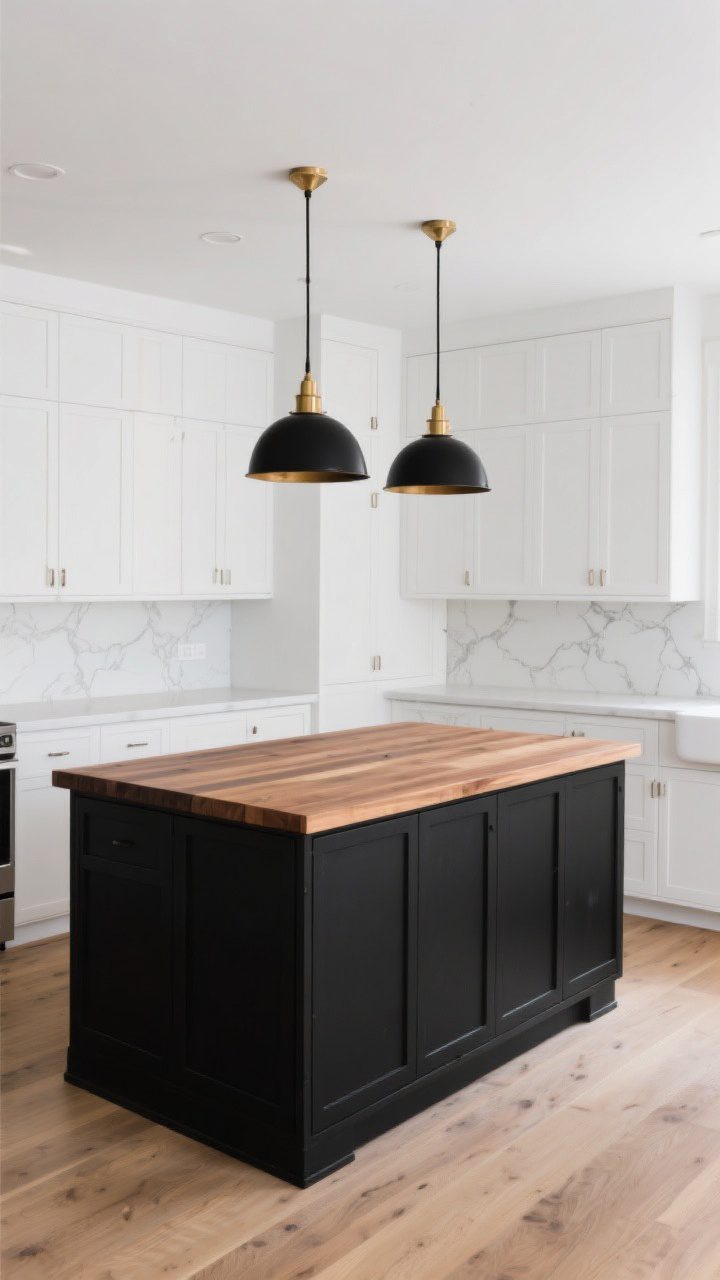 Wide focal shot: High-contrast island moment—painted jet-black island centered against a backdrop of white perimeter cabinets (or inverse option), topped with a warm wood butcher block; pair of matte black or brass pendant lights overhead echoing the contrast; airy lighting, light oak flooring, subtle veining on white counters around the perimeter; straight-on perspective making the island the star.