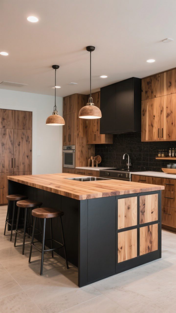 Wide island focal shot, straight-on: Two-tone island concept. Option shown: a black island with a butcher block top, surrounded by wood perimeter cabinets. The bar side of the island features wood panel inserts for texture and durability. Include coordinated stools and pendant lights that echo the finishes. Consider subtle panel breaks on a large island. Warm, even lighting to show materials without harsh shadows.