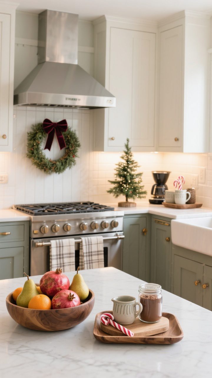 Wide kitchen shot emphasizing subtle farmhouse Christmas touches: a simple wreath with velvet ribbon on the range hood or pantry door, a wooden bowl filled with pomegranates, pears, and clementines for natural color, neutral striped or plaid dish towels at the sink, and a tiny tabletop tree nearby. Style a tray by the coffee station with ceramic mugs, a jar of cocoa, candy canes, and a mini cutting board. Clean counters, warm metal accents, soft daylight balanced with under-cabinet glow for a cozy, cook-friendly feel.