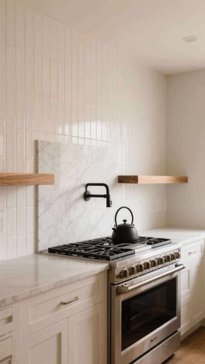 Wide kitchen wall shot featuring a backsplash with personality: vertically stacked soft-white subway tiles rising to the ceiling behind a range, with a matching quartz slab backsplash panel behind the cooktop for contrast; matte black pot filler, white oak trim shelf, and neutral tones overall; warm, even lighting that emphasizes subtle variation without feeling rustic or busy.