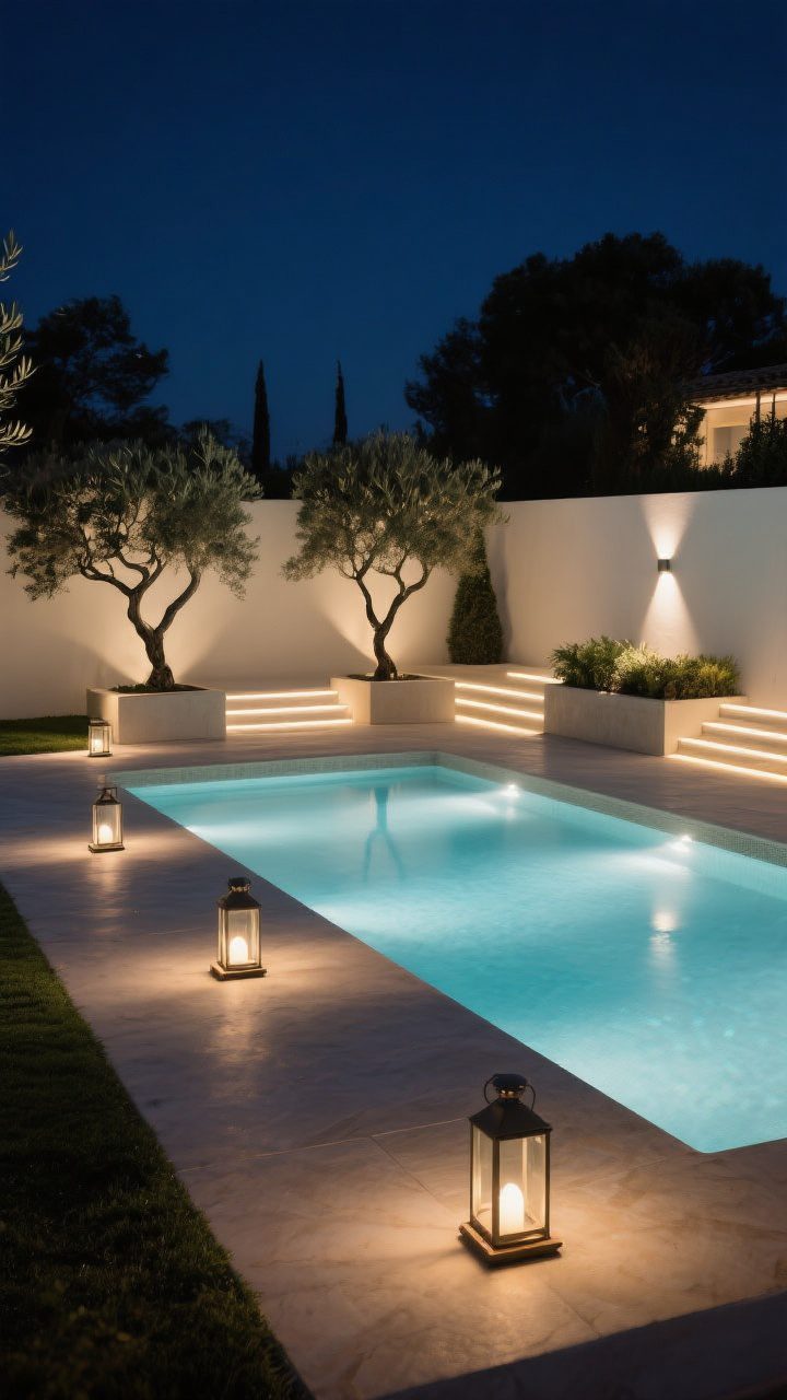 Wide nighttime scene: Boutique-hotel lighting around a serene pool. In-pool adjustable LEDs set to warm white, casting a luxe glow on the water. Low, indirect perimeter wash lights along planters and a boundary wall, step and coping lights tracing pathways, and subtle uplighting on sculptural olive trees to create dramatic silhouettes. Hidden fixtures to avoid glare; the entire yard reads as one cohesive, softly illuminated environment. A few cordless lanterns on side tables add charm. No people, photorealistic.