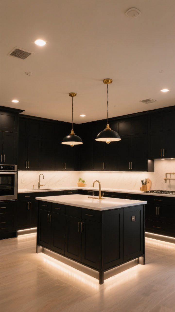 Wide room shot: A black-cabinet kitchen lit like a pro, corner angle. Layer lighting: recessed ceiling lights on dimmers for ambient glow, warm 2700–3000K LED under-cabinet strips illuminating the counter, and two brass or black pendants with milk glass shades above the island. Add subtle toe-kick lighting along the base cabinets for a boutique effect; ensure all bulb temperatures match.