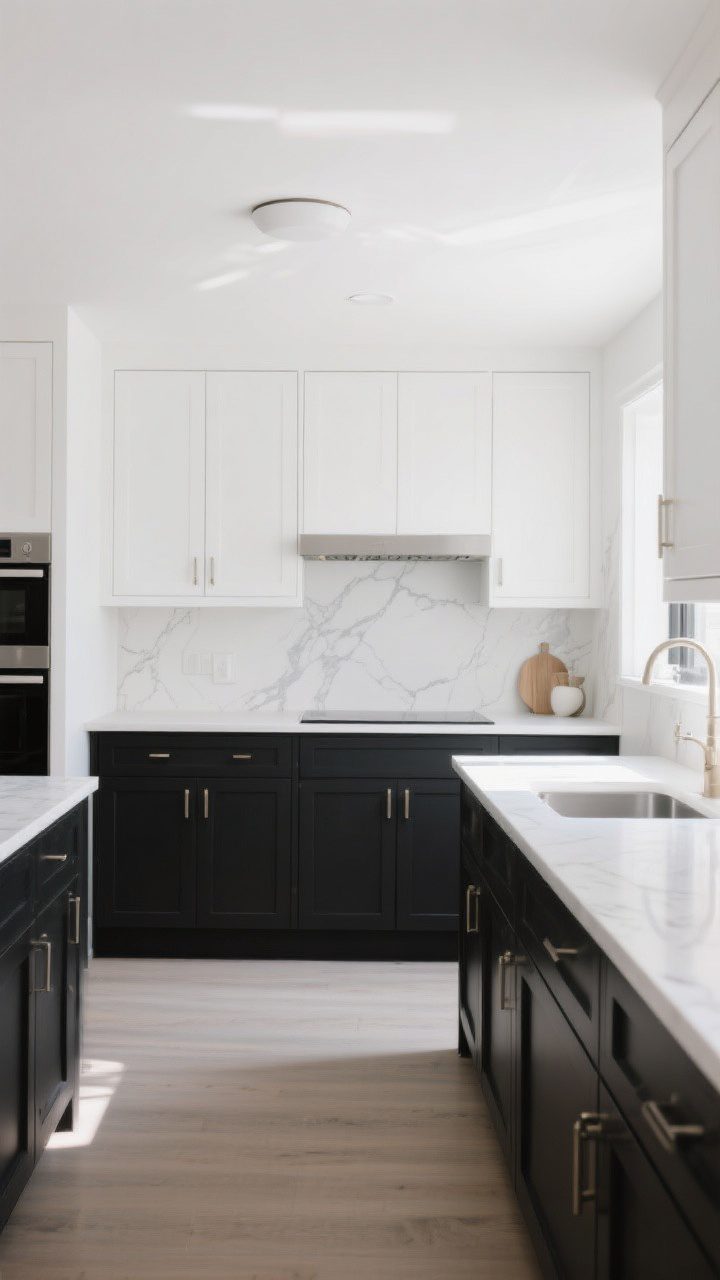 Wide room shot: A contemporary kitchen with black base cabinets and white upper cabinets, straight-on view. The black lowers are matte shaker style, paired with a light, simple backsplash and a veined white quartz countertop bridging the tones. Include a bright, airy feel with natural daylight, minimal decor, and clean lines to emphasize contrast and visual lightness.