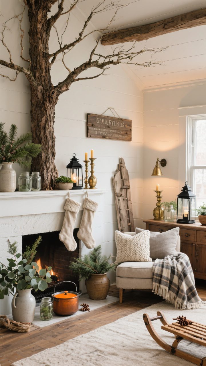 Wide room shot capturing the whole-mood surroundings: the farmhouse tree anchors the space while nearby decor stays cohesive and simple; textiles coordinated—linen stockings on a mantel, knit pillows, and a muted plaid throw echoing the tree’s colors; mixed greenery—eucalyptus, cedar, pine in jars, pitchers, and crocks; a few antique brass candlesticks or black lanterns for restrained shine; include a vintage sled or wooden sign as one statement piece; subtle natural scents implied by a simmer pot with orange and clove on a sideboard; corner angle, warm ambient lighting, uncluttered and breathable.