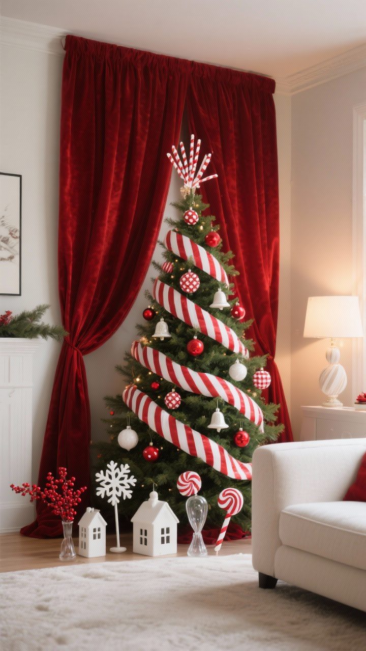 Wide shot: a chic living room corner with a Christmas tree featuring upgraded candy-cane styling. Layer a wide red velvet ribbon with a narrower peppermint stripe ribbon on top, angled for a tailored drape. Add candy-cane striped picks near the top and midsection for height and movement, plus tiny doses of a second pattern—small red-and-white polka dot ornaments or subtle gingham accents. Include white ceramic ornaments (snowflakes, houses, bells), a few glass candy and lollipop ornaments, and red berry stems tucked toward the center. Warm ambient lighting and a slight corner angle to show the ribbon flow and verticality.