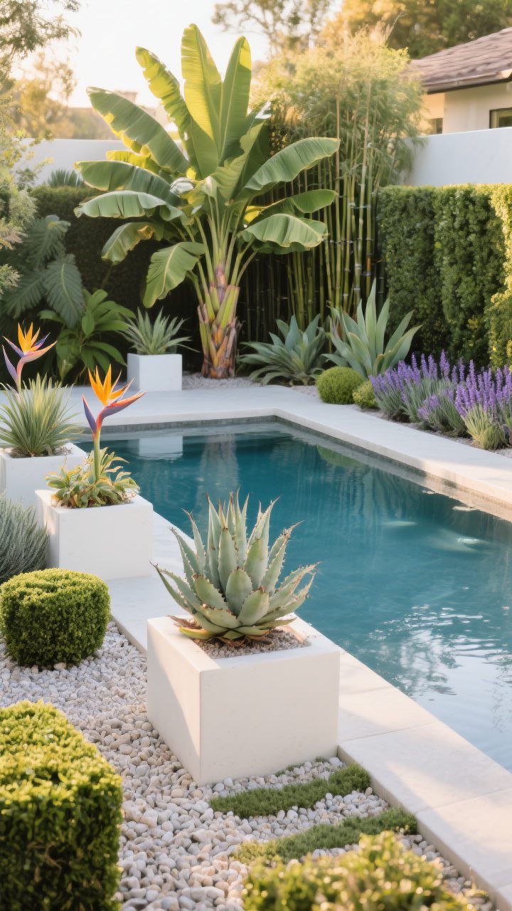 Wide shot: A contemporary backyard pool framed with lush, heat-loving landscaping—birds of paradise, banana leaf, philodendrons, and clumping bamboo creating privacy and drama at the far edges. Modern minimal clusters of agave, aloe, and trimmed boxwood hedges near the coping. Mediterranean touches of lavender and rosemary along a border. Decomposed granite and pale gravel hugging the waterline to prevent splash-mud, with a few white concrete raised planters adding layered depth. Warm late-afternoon light, clean sightlines, non-invasive species only, no people, photorealistic.