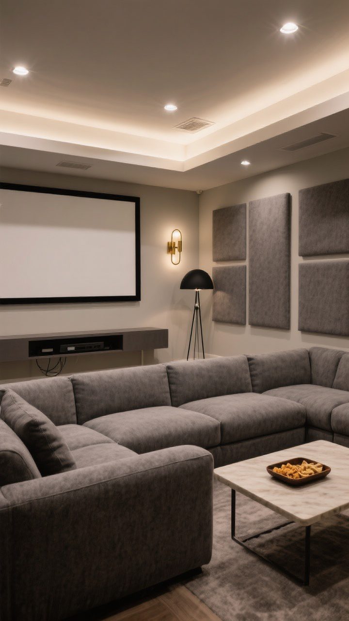 Wide shot: A cozy basement media lounge with a deep, low-profile modular sectional in performance fabric, buttery-soft texture in charcoal gray, layered lighting with dimmable recessed ceiling cans, two minimalist brass wall sconces, and a matte-black arc floor lamp; a neutral matte-painted projection wall with a fixed-frame screen look, slim media console below with concealed cord track, fabric-wrapped acoustic panels as art to tame echo, warm ambient glow creating boutique-cinema vibes, snack tray on a low coffee table, no people.