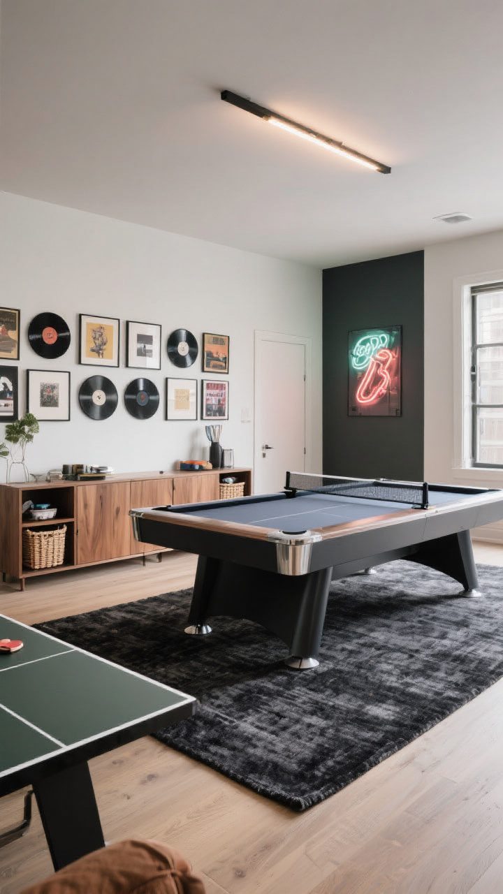 Wide shot: A polished game zone that doesn’t look like a dorm, featuring a sleek modern pool table as the hero piece, a durable charcoal indoor/outdoor rug defining the area, closed wood credenza storage with baskets for accessories, and a curated gallery wall of framed records and neon art; subtle overhead lighting and a corner angle perspective; optional ping-pong conversion top leaning neatly, clutter-free and stylish.