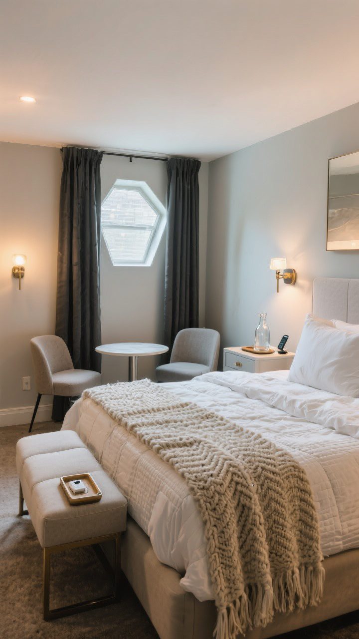 Wide shot: Chic basement guest suite with boutique-hotel polish—queen bed with layered bedding (crisp white sheets, textured quilt, plush knit throw), matching nightstands with essentials (glass carafe, phone charger, small tray), blackout curtains on an odd-sized basement window, and a petite bistro table with two chairs forming a mini lounge; warm ambient lighting with a bedside sconce pair; light, reflective finishes for airy comfort.