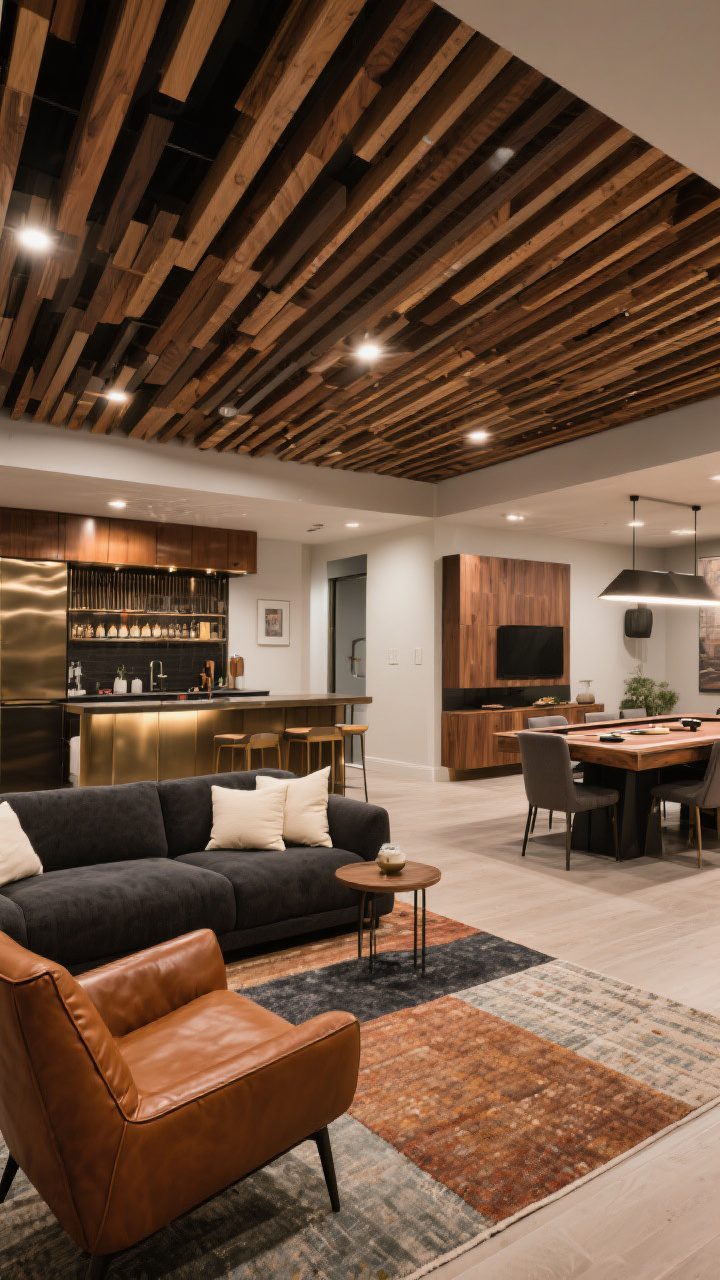 Wide shot: Multi-zone entertaining basement with cohesive flow—lounge area with charcoal sofa and cream pillows, a cognac leather accent chair; adjacent bar nook echoing matching metals and wood tones; a dining/game table zone; different rugs mapping each area as boundaries; consistent finishes tying zones together and clear circulation paths; a statement ceiling of wood slats doubling as acoustic control; warm layered lighting unifying the space.