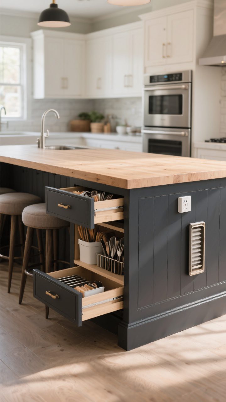 Wide shot of a hardworking island: furniture-style painted base in deep charcoal with a light wood top, 12–15 inch overhang with comfy counter stools, hidden power strip tucked under the edge, and open drawers revealing organized inserts—utensil dividers, pull-out trash, and a vertical tray slot for baking sheets; soft midday light, stainless appliances in background, photorealistic.