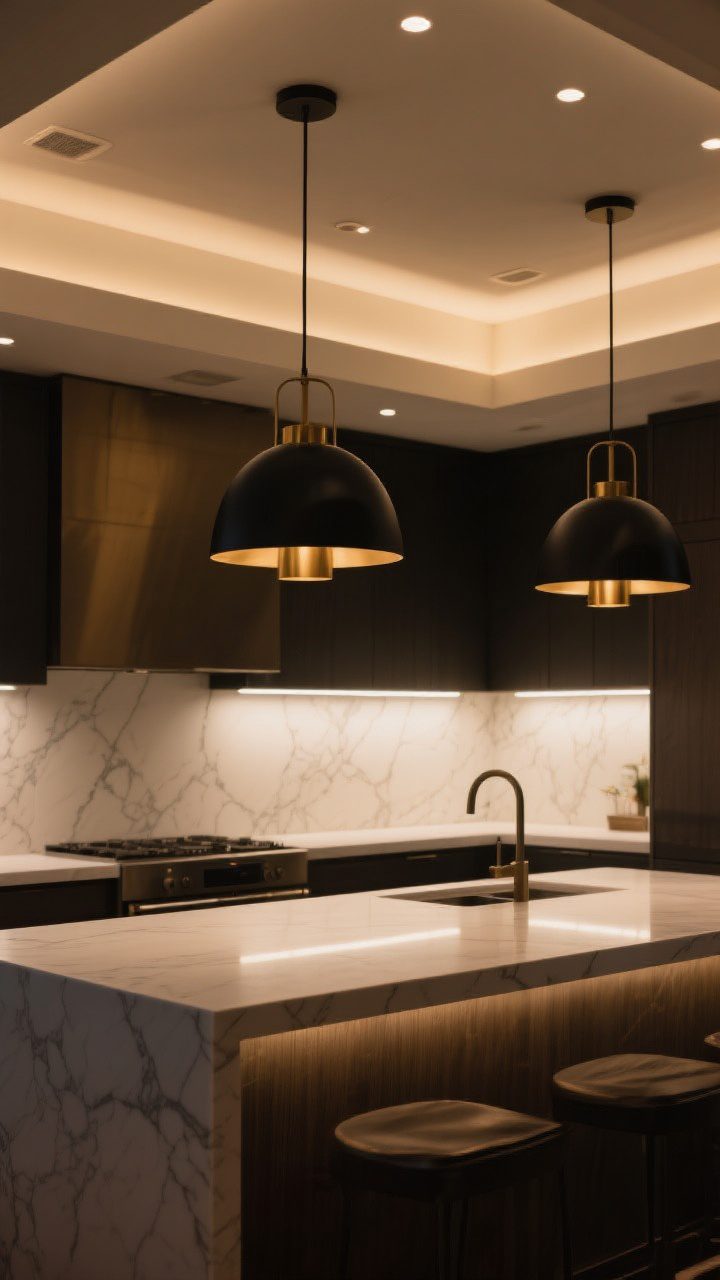 Wide shot of a kitchen island under layered lighting: ceiling with recessed ambient lights, warm 2700–3000K LED tone; undercabinet task lighting illuminating a white quartz backsplash; two oversized black-and-brass pendants over the island—bold but refined; overall cozy evening atmosphere with balanced light levels and crisp shadows; no people, photorealistic.