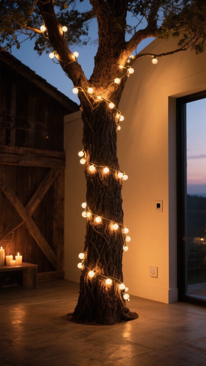 Wide shot of the tree’s lighting approach at dusk: warm white lights only, two types visible—standard mini lights woven deep near the trunk for inner glow and a second strand of slightly larger bulbs near the surface for sparkle; consistent warm color temperature across all strands; the room dimmed to candlelit-barn mood, no cool tones; include a subtle smart plug/dimmer on the wall or discreetly implied; straight-on composition showing layered illumination.