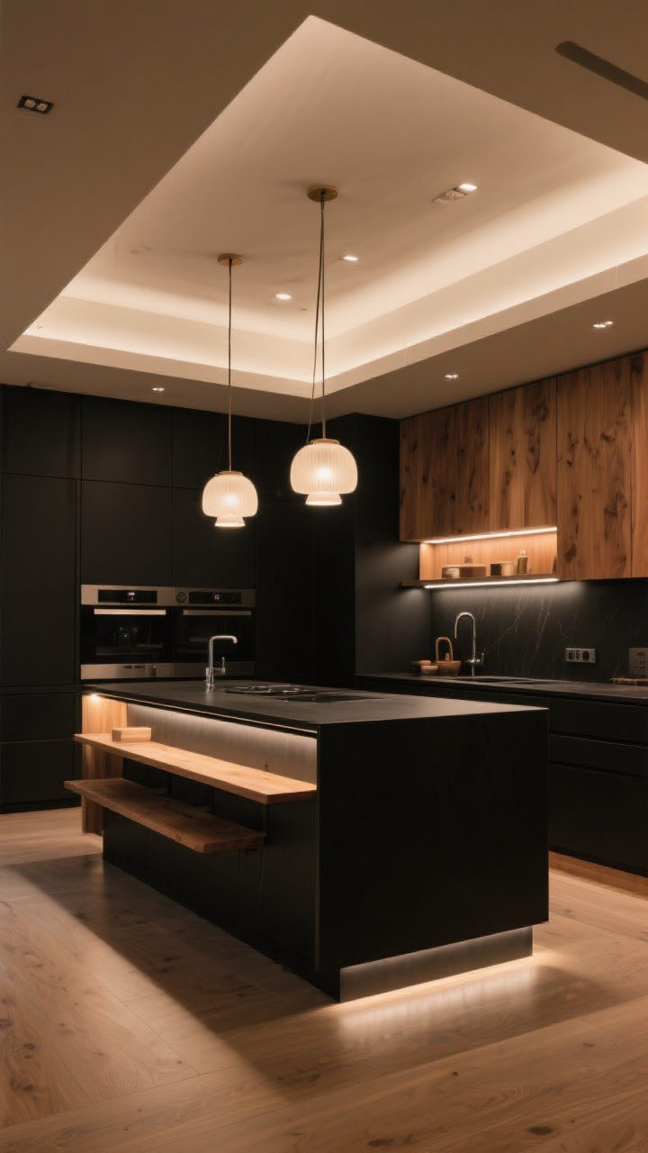 Wide shot with layered lighting, corner perspective: Black and wood kitchen lit like a cozy photo studio. Ambient recessed lights, warm 2700–3000K pendants over the island with opal glass shades, under-cabinet LED task strips placed toward the cabinet front to minimize shadows, and subtle toe-kick LEDs creating a floating island effect. Open shelves with a soft glow. Dimmers implied through mood; no people, warm and inviting atmosphere.